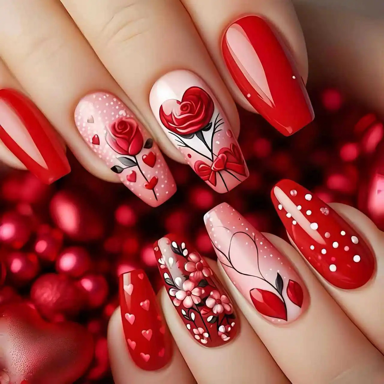 24pcs Black Almond Red Heart Rose Press On Nails