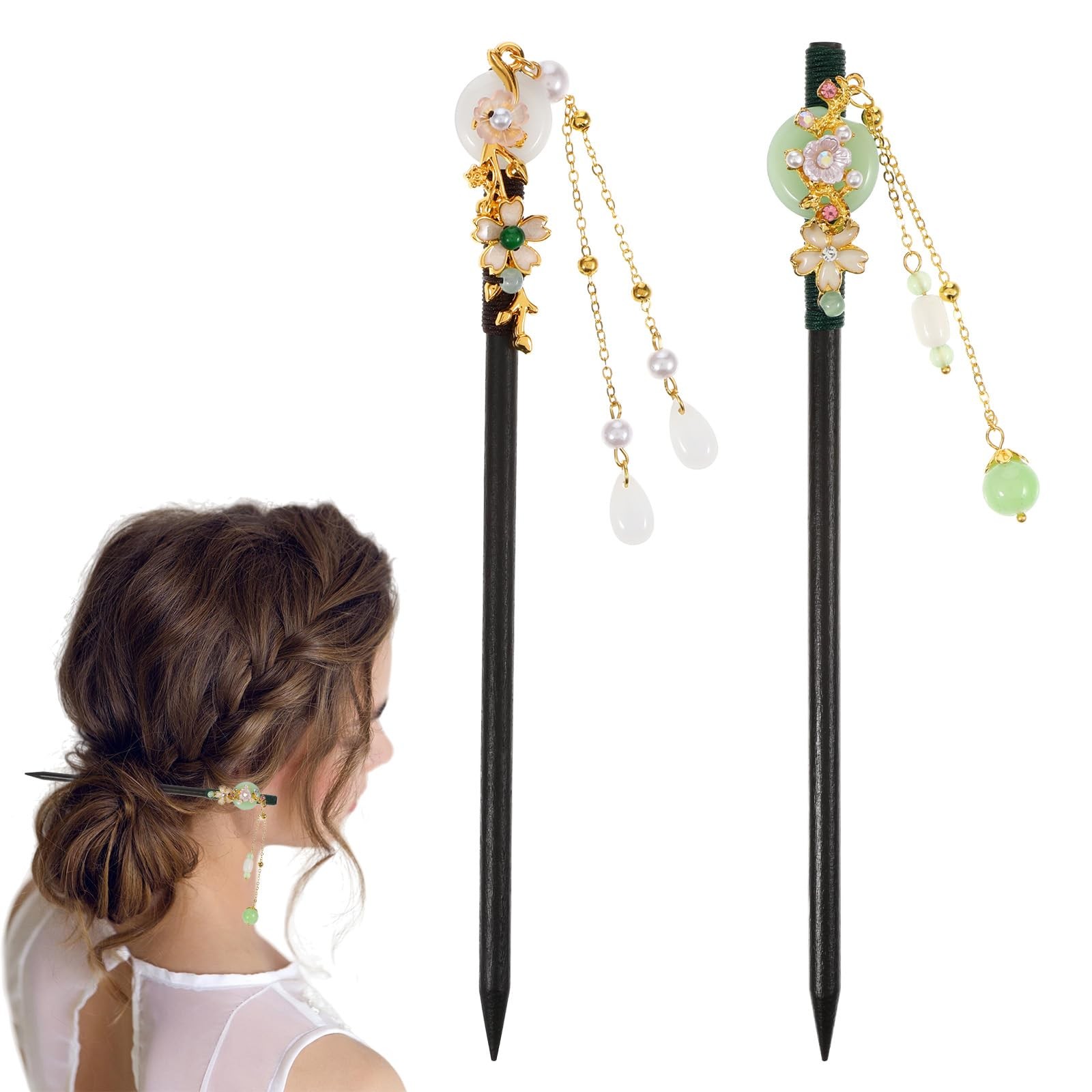 2 Pcs Japanese Chinese Hair Stick, Wood 1 Count (Pack of 2), black,green,gold