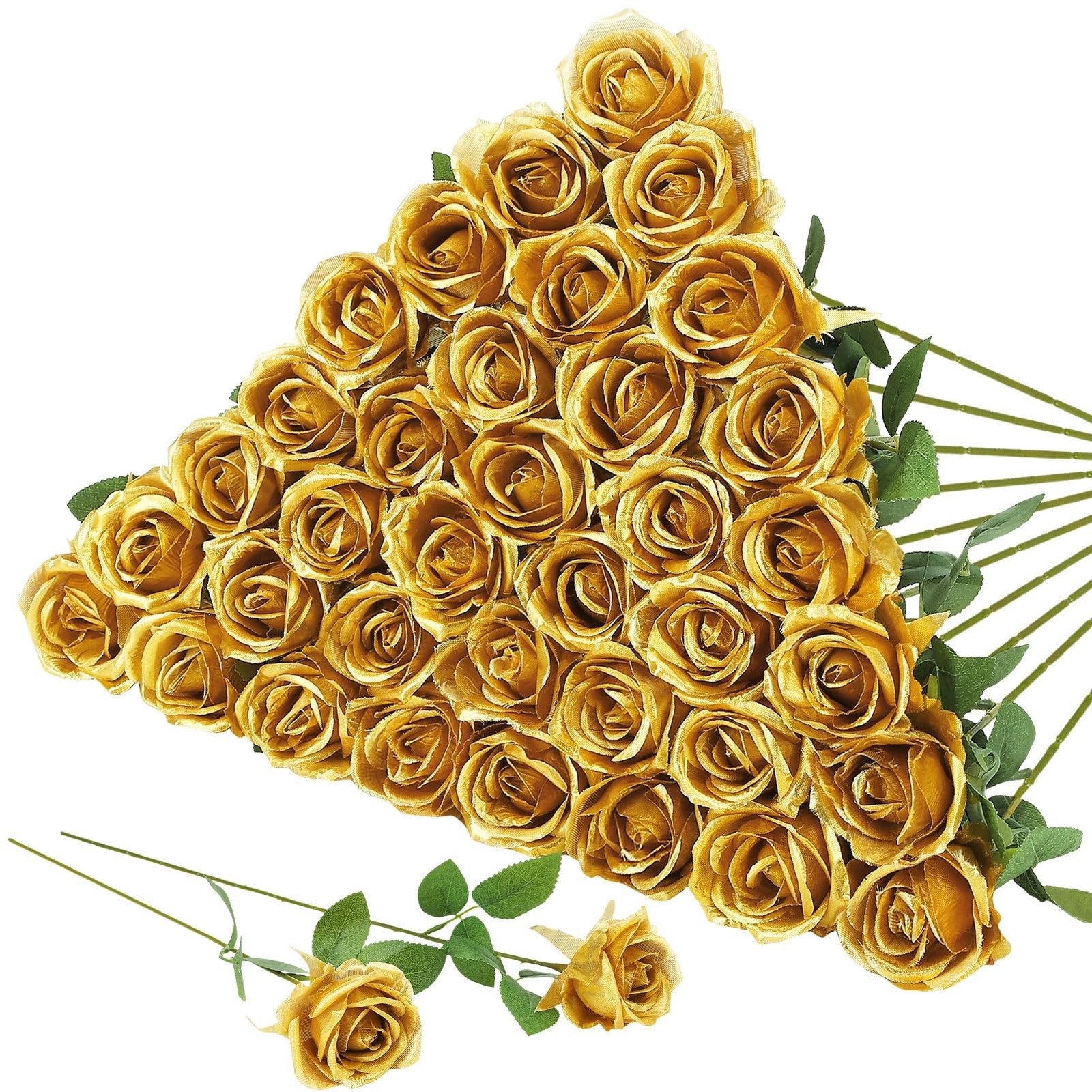 36 Pcs Gold Artificial Roses with Long Stems, Fake Silk Rose Artificial Flowe…