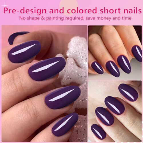 Oval Press on Nails Short Fake Nails, 240pcs Nails Press on Almond Deep Purple