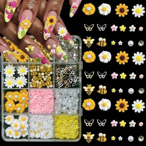 600PCS Nail Charms and Gems Gold Bee Yellow Flower for Nails yellow pink white