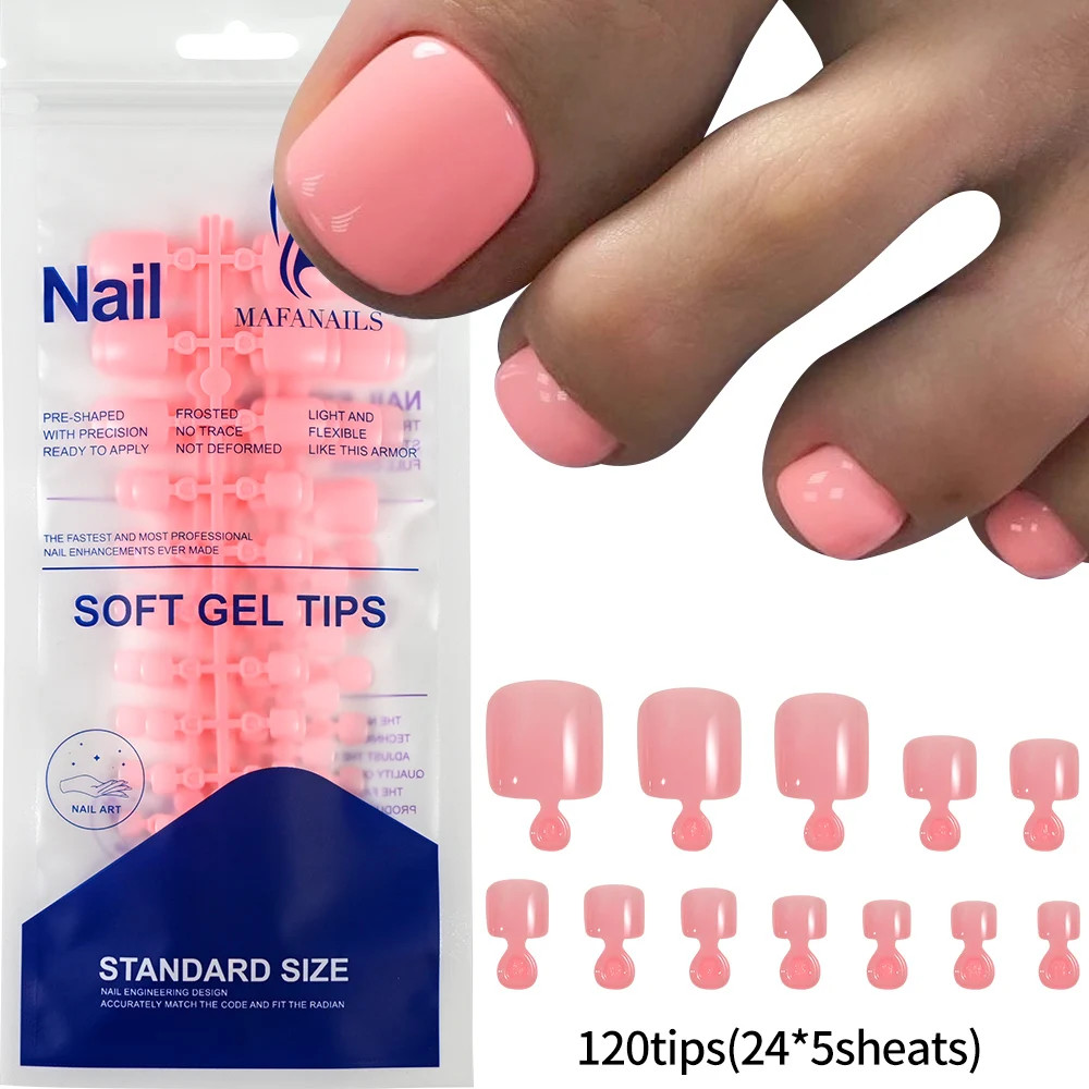 120pcs Press On Toenails Pink French Tip Short Square Glossy Finish False Foot