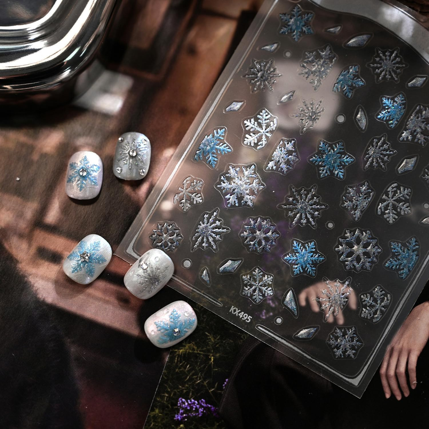 Winter Snowflake Nail Art Stickers, Blue White, 2 Sheets | 5D Embossed, Self-Adh