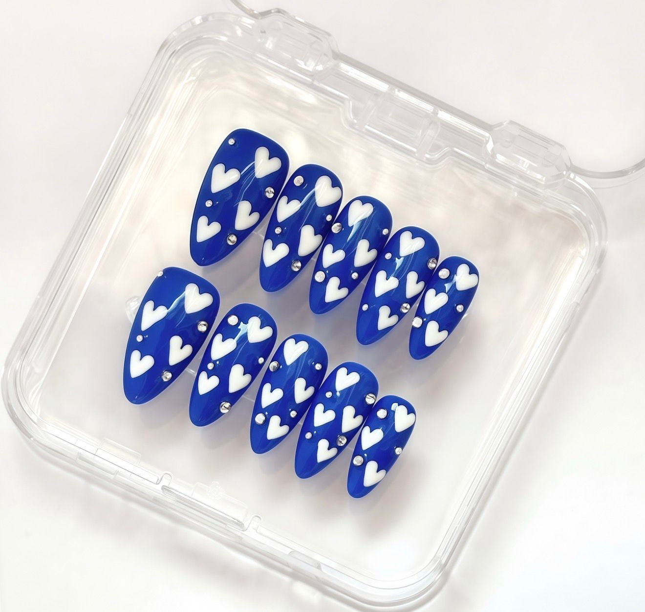 NailVelour Electric Love Blue Heart 3D Press On Nails Glossy 10PCS Set Short