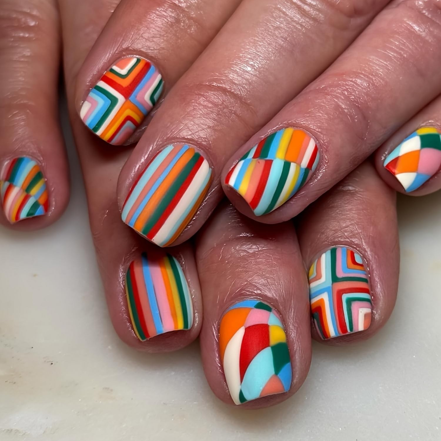 24 Pcs Press on Nails Short Rainbow Fake Nails Square False Nails Style 8