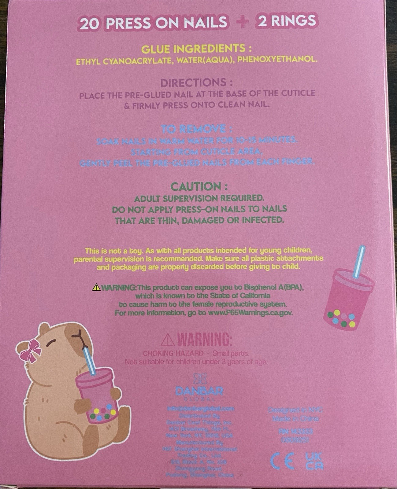 New in Box! Danbar Capybara 20ct Pre-Glued Kid’s 3D Press-On Nails & 2 Rings