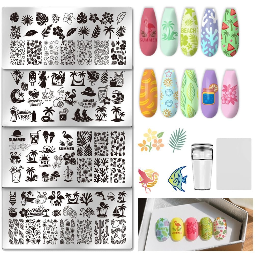4Pcs Nail Stamping Plates Set Summer Beach Hawaii Nail Art Stamper Templates …