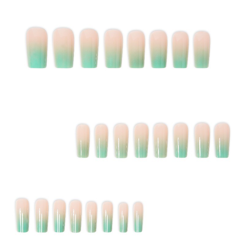 48pcs-Light Green To Nude Ombre Press on Nails, Long Coffin Acrylic Fake Nails