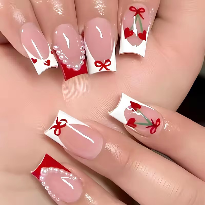 24pcs Red and White French Cherry Short Square Press-On Nails with Heart Design