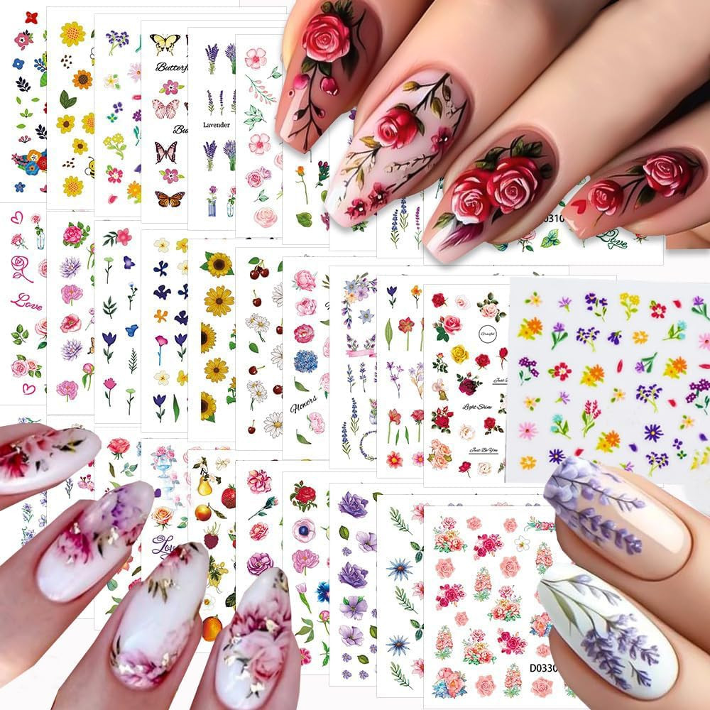 30 Sheets Flower Nail Stickers for Nail Art, 3D Self-Adhesive Wildflower Nail De
