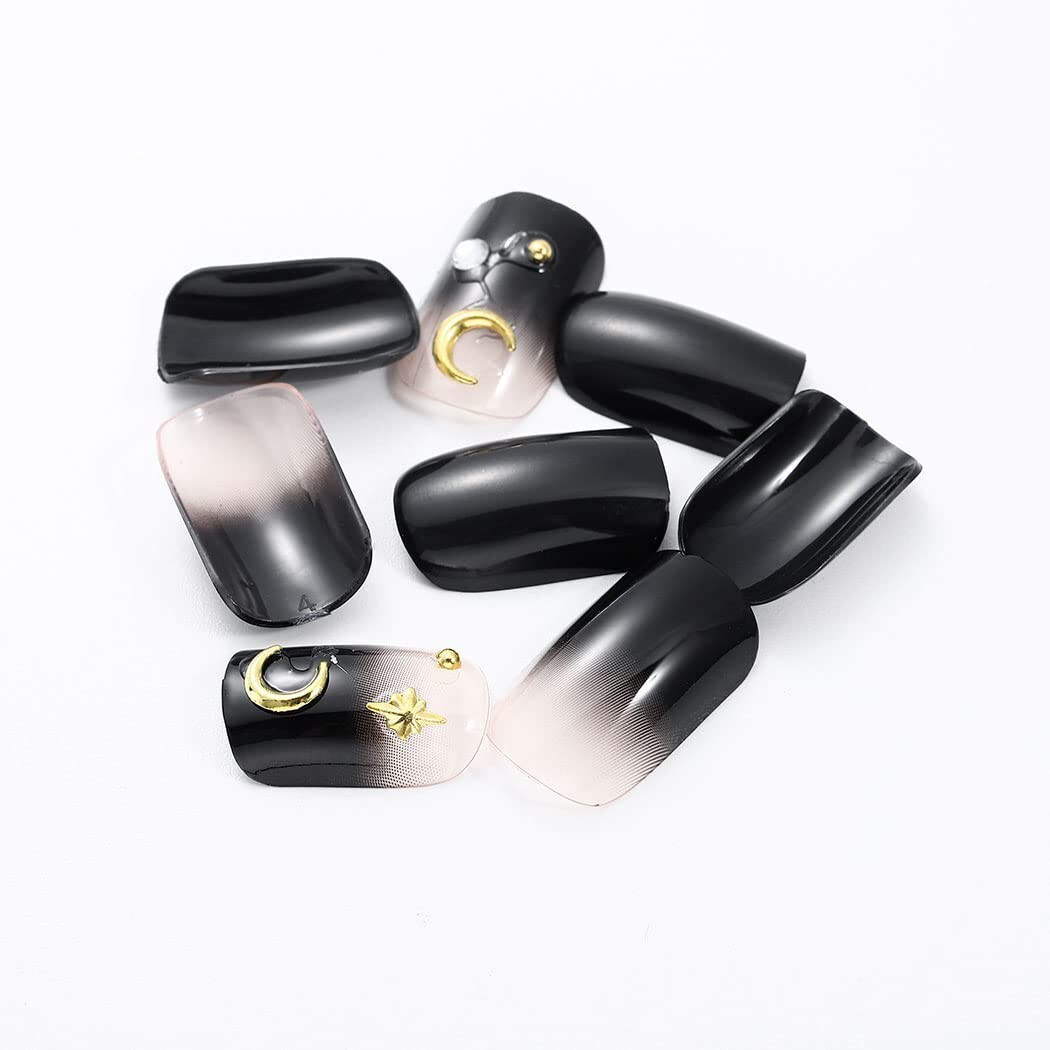 24 Short Goth Black moon celestial Press On Nails w/ Glue clear ombre gems