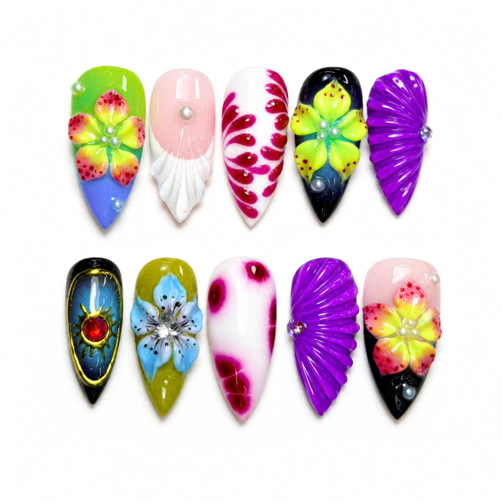Handmade Colorful 3D Floral Shell Press On Nails Pearl Gem Set