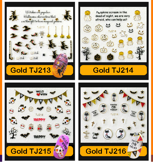 Halloween ! Nail Art Stickers Self-adhesive 3D Metallic Bat Witch Pumpkin Cat