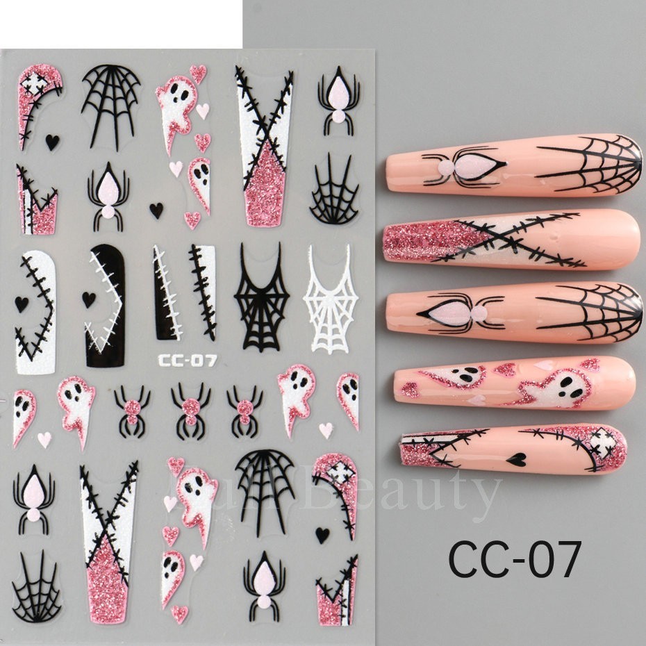 4Pcs Glow in The Dark Halloween Glitter Nail Decals Ghost Spider Web Skull NH30