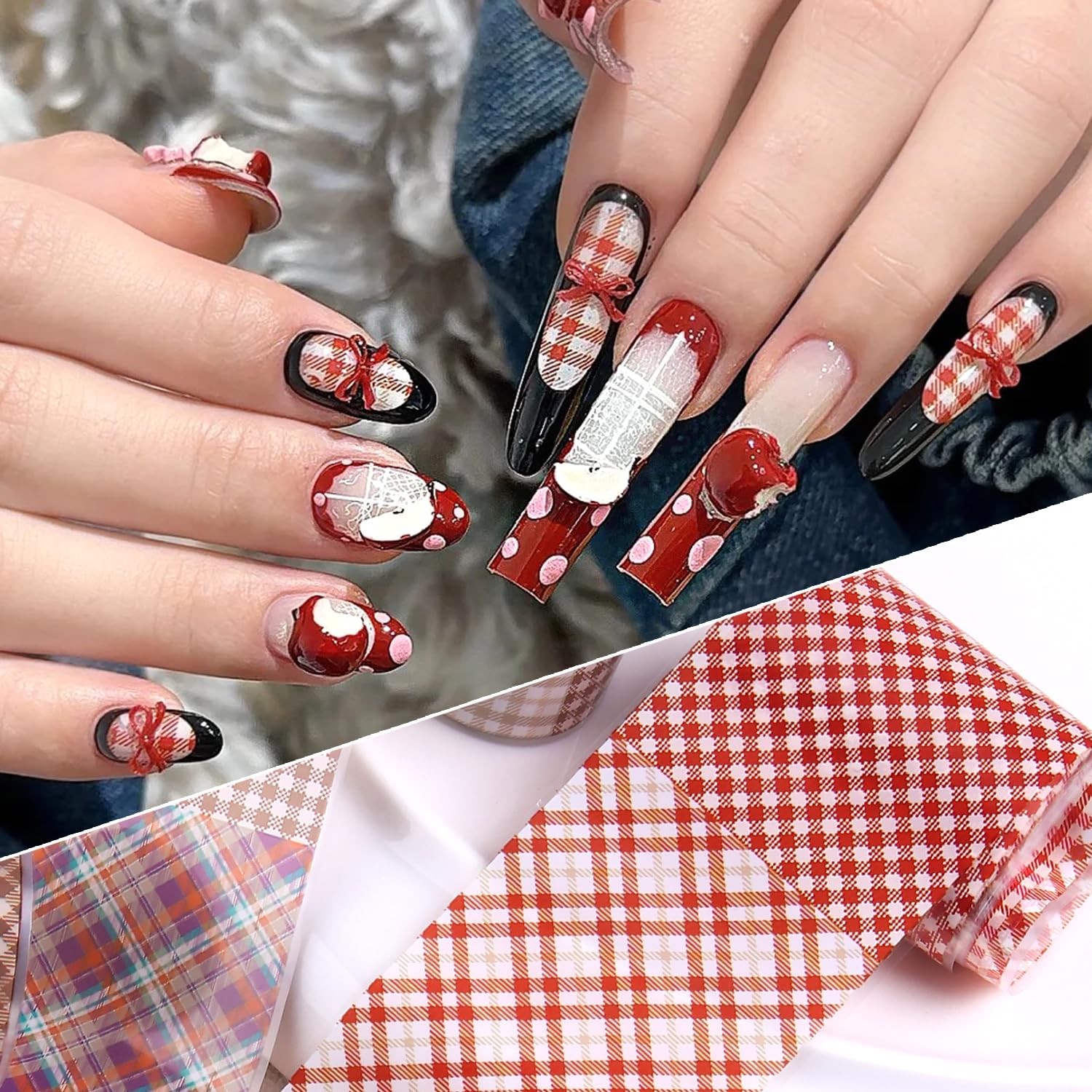 10 Rolls Plaid Nail Art Foil Transfer Sticker Decals Colorful Red Plaid