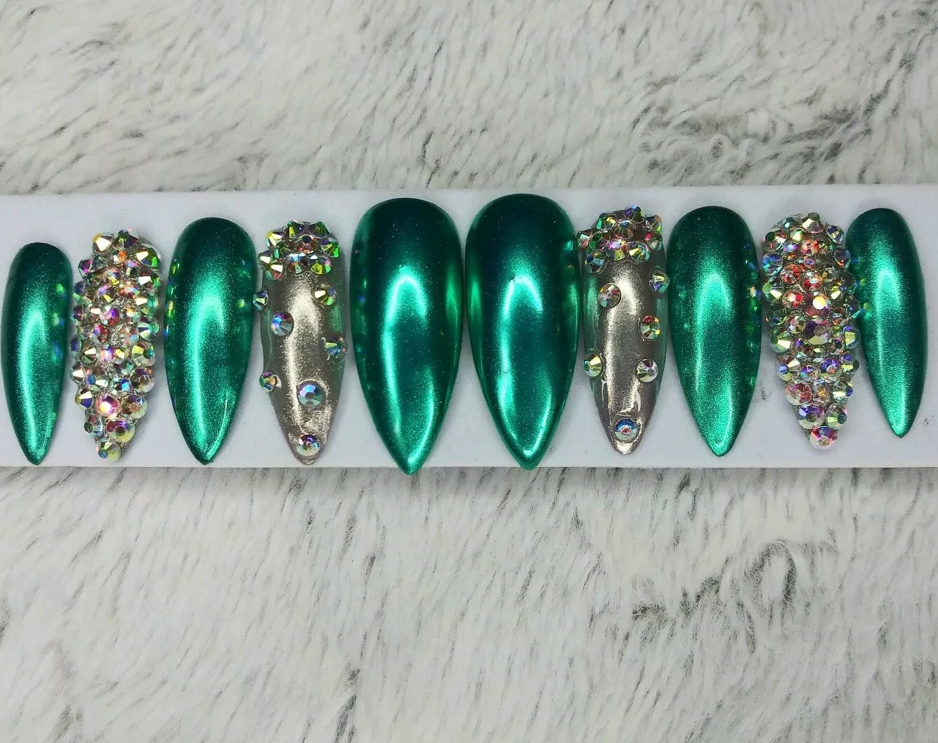 Teal & silver chrome stiletto bling nails green crystal emerald Christmas set