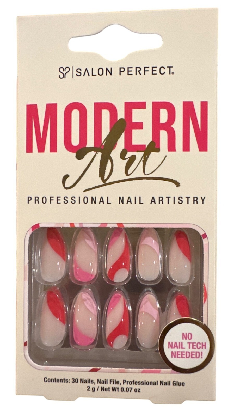 Salon Perfect 30 Nails Modern Art Long Almond Glossy Peach+Pink+Red Swirl Design
