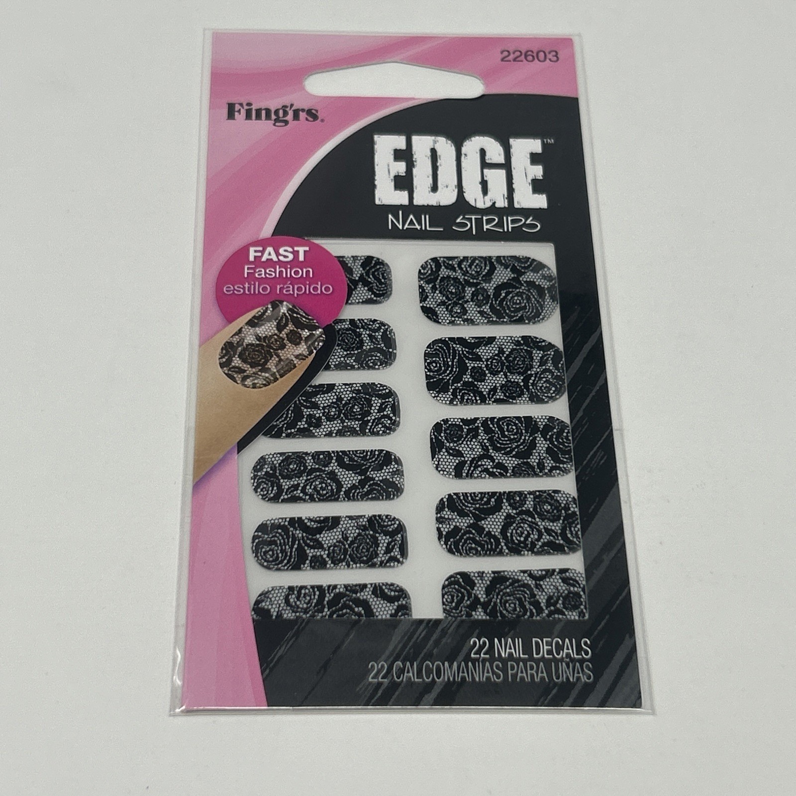 NEW Fing’rs Edge Nail Strips Nail Art Stickers Black Rose Lace #22603