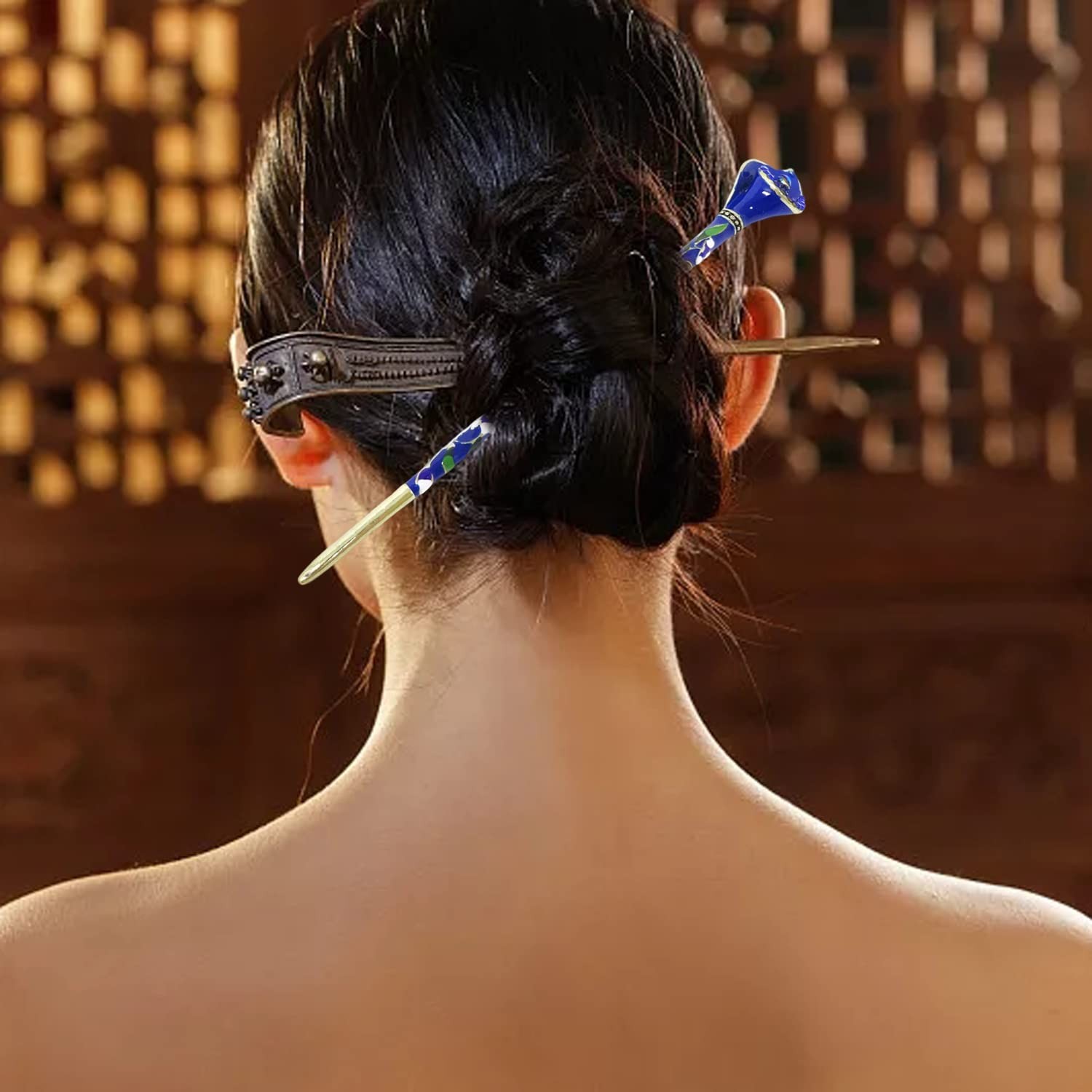 Honbay Cloisonn Vintage Hair Stick With Calla 1 Count (Pack of 1), Blue