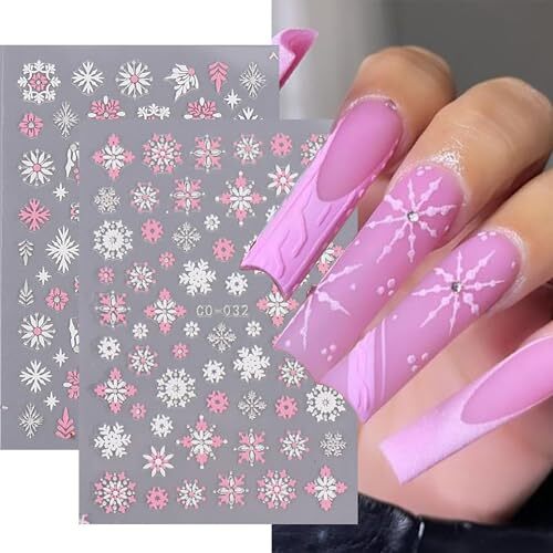 Christmas Pink Nail Art Sticker Decals 3D Self-Adhesive Pink White Snowflake