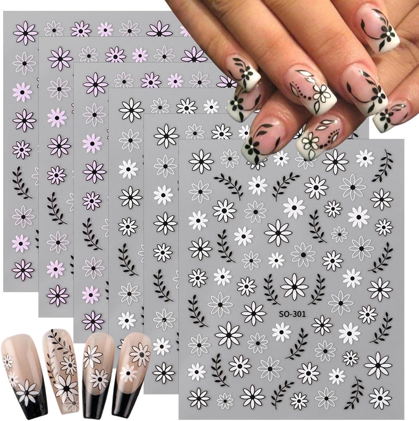 4 Sheets 5D Embossed Gradient Flowers Nail Stickers for Nail Art Design Summer F