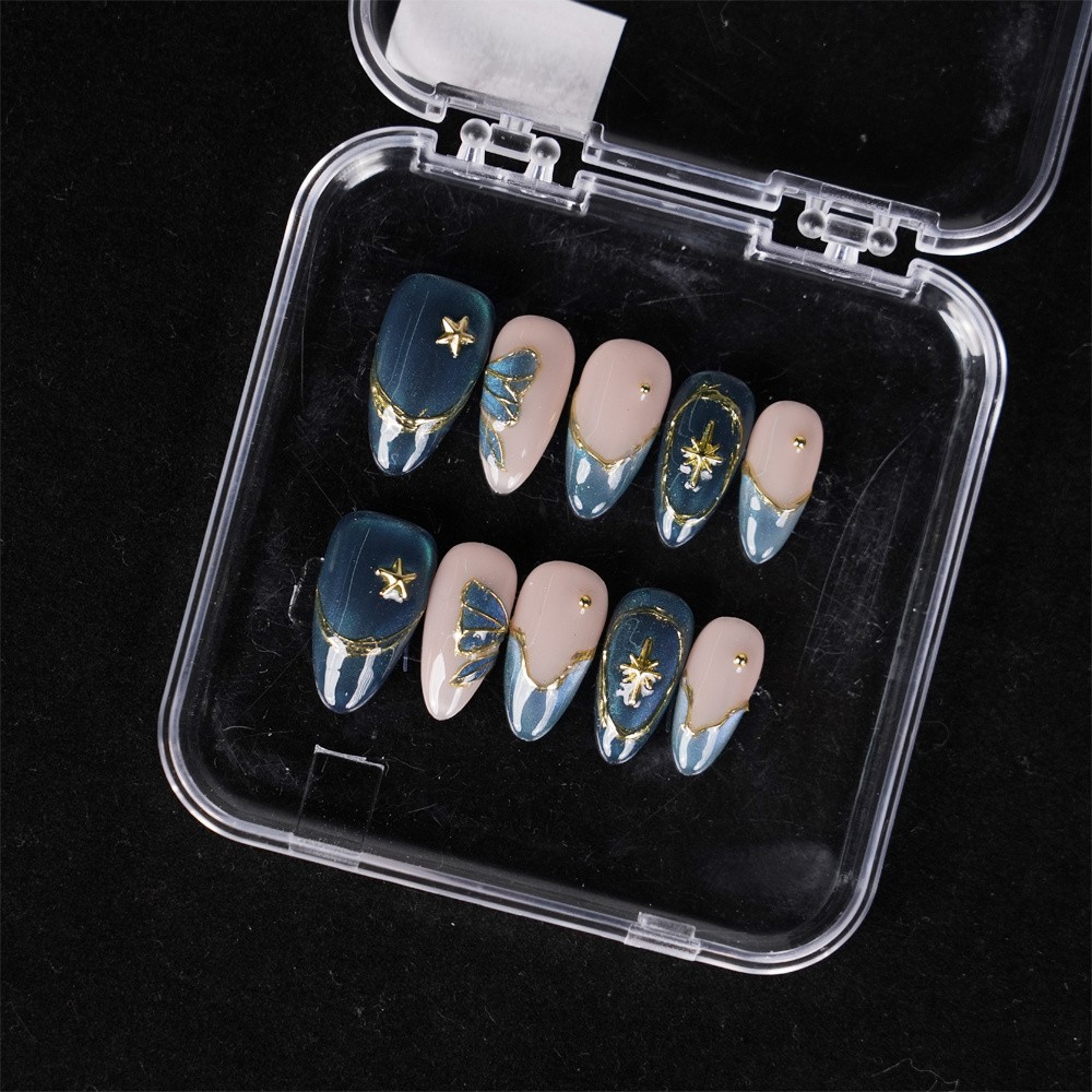 Handmade Gold Star Press on Nails Blue Nude Medium Almond Butterfly Ombre Accent