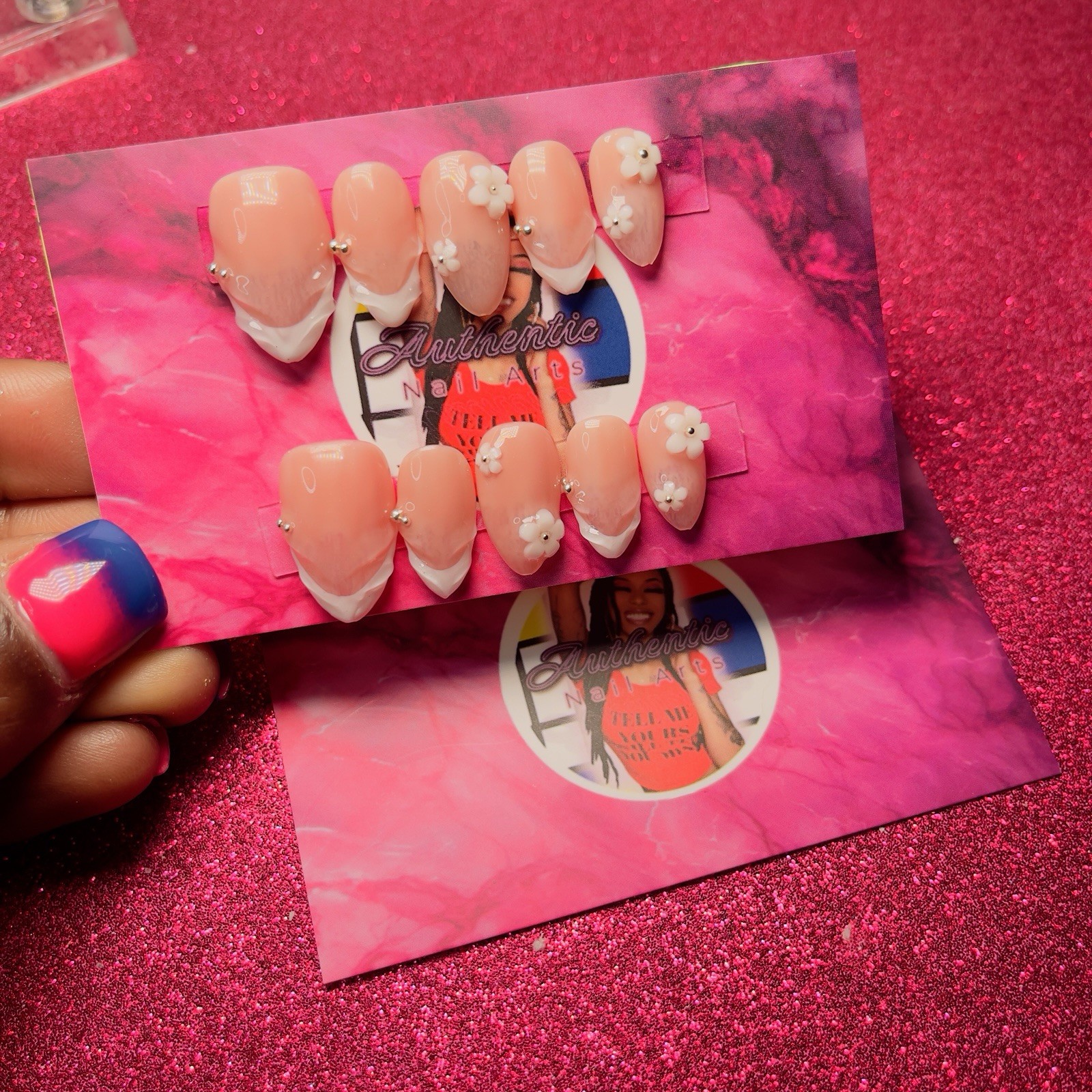Almond Press-On Nails Peach White French 3D Flower by Authentic Nail Arts by Dia