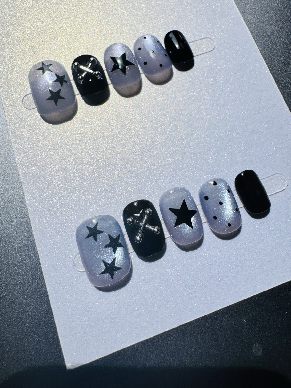 Press-On Nails Black/Gray Star Theme 3D Full Cover Pre-Designed