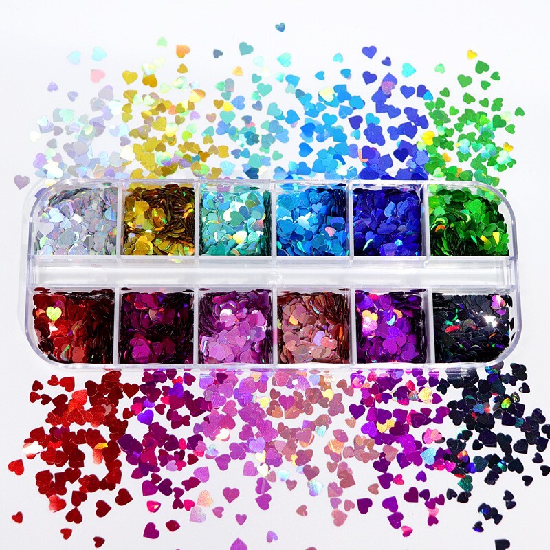 12 Grids Sparkly Love Nail Art Glitter Sequins Flakes Nails Stickers Decortion