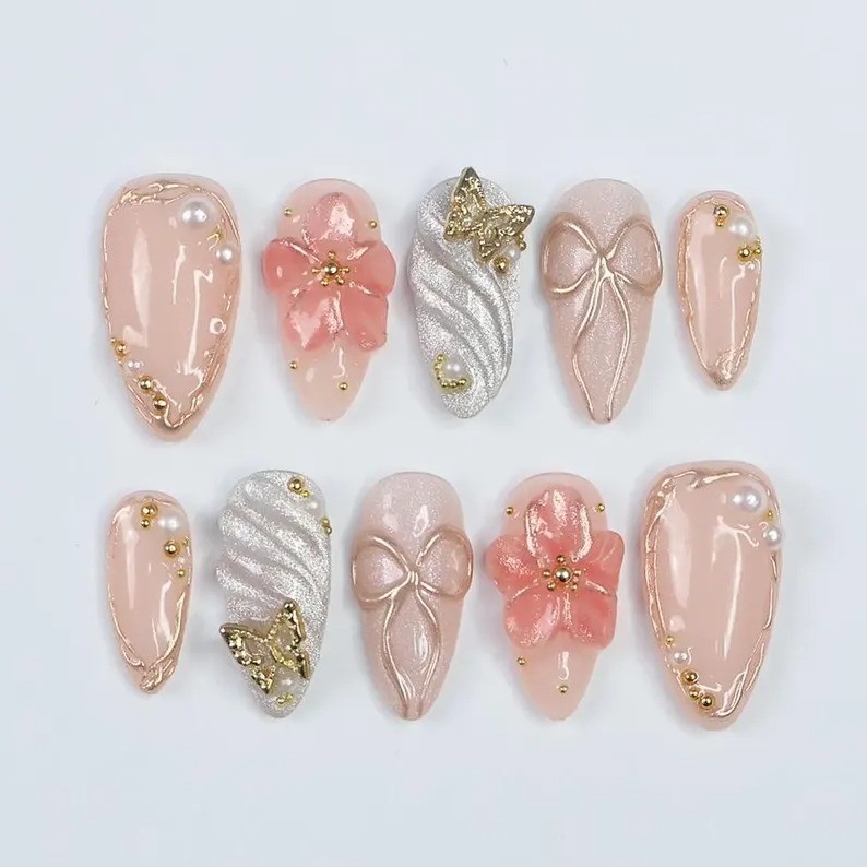 Blush Elegance Handmade Press-On Nails with 3D Flowers, Bows & Gold