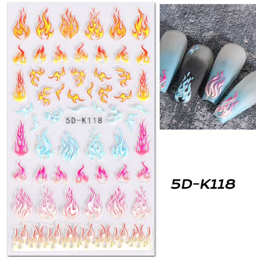 5D Engraved Fire Flame Nail Stickers Decal DIY Decoration French Manicure NH8