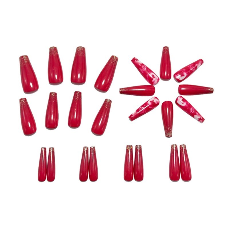 48 Pcs of Red Rose Long Ballet Nail, European and American Fashion Fake Nail Art