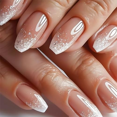 Silver Glitter French Tip Press On Nails, Coffin Fake Nails, Gradient Ombre