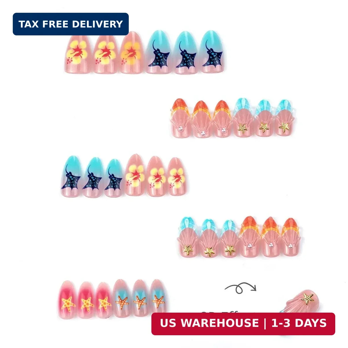 Summer Press on Nails – Short Almond Fake Nails with Seashell,Starfish Design,Co
