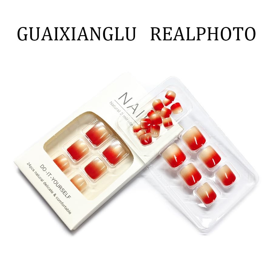 Red Ombre Press on Toenails Short Square Fake Toe Nails Wine Red Style 6