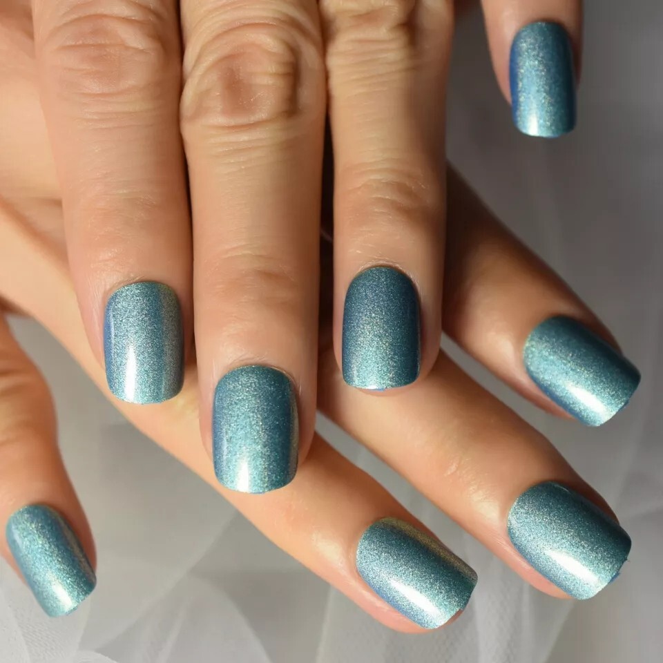 24 Shiny Blue mystic Press On Nails Short Glue On trendy glitter shimmer silver