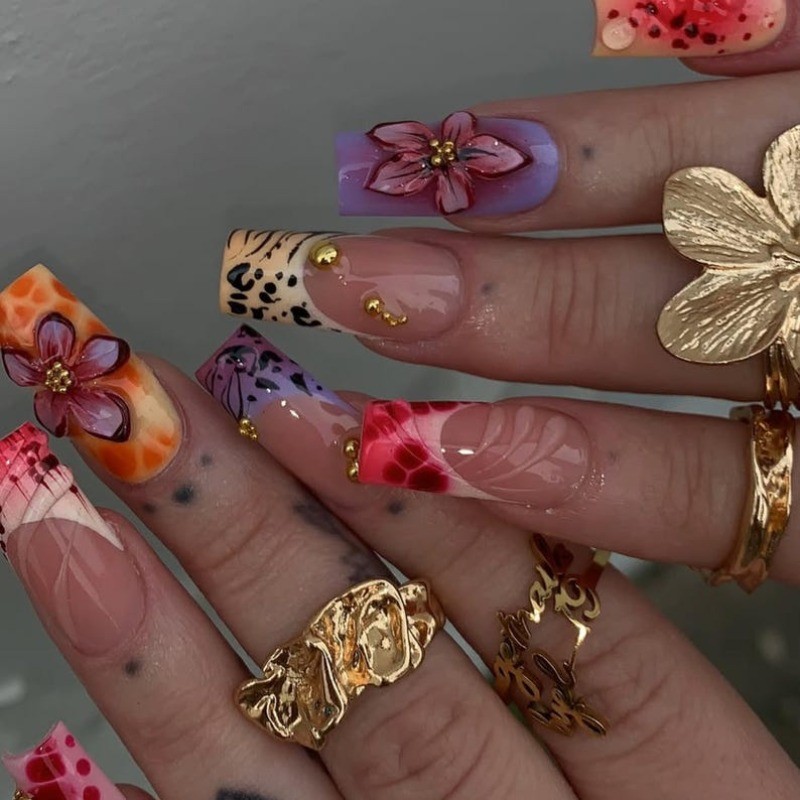 10-Press on Nails Flower Animal Print Metallic Square Nail Set Reusable Handmade