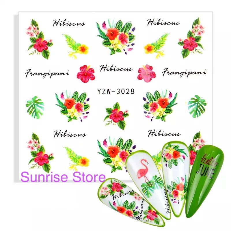 Nail Art Water Transfer Sticker Tropical Flower Hibiscus Plumeria Toucan Decals