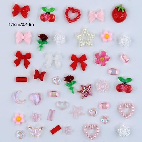 100pcs 3D Pink Red Strawberry Flower Nail Charms Camellia Rose Cherry