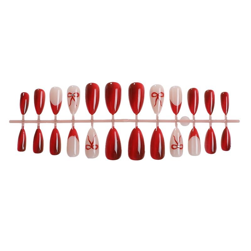 Red Cat Eye Press on Nails Medium Almond Fake Nails Wine Red Bow Style 22