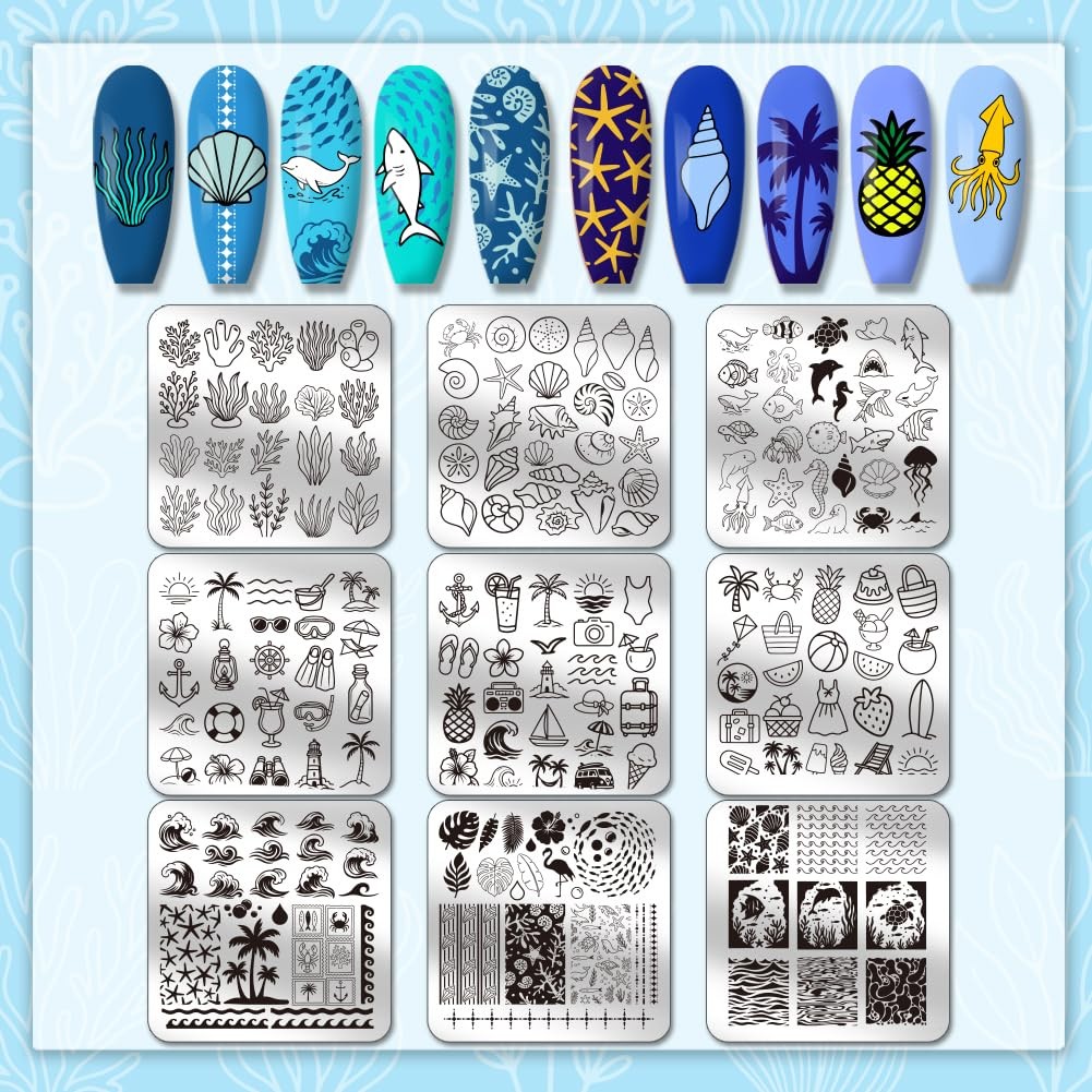 9pcs Ocean Theme Nail Stamping Plates Beach Seashells Seaweed Nail Art Stenci…