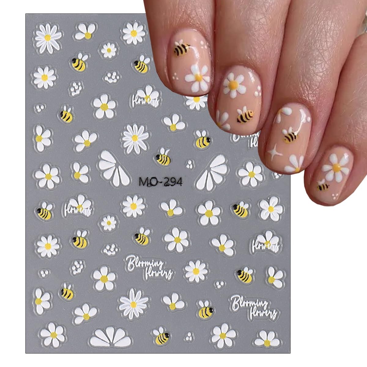 Flower Nail Art Stickers 5D Embossed Cute Bee Nails Decals Spring Daisy Desig…