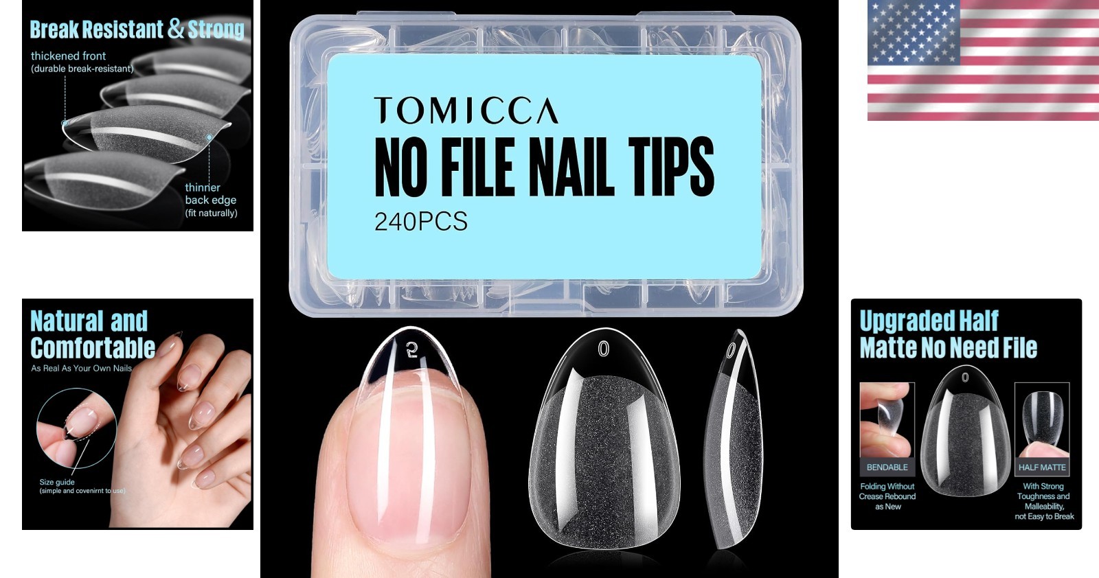 Short Almond Nail Tips, 240 Pcs – Easy Application Half Matte Press-On for All