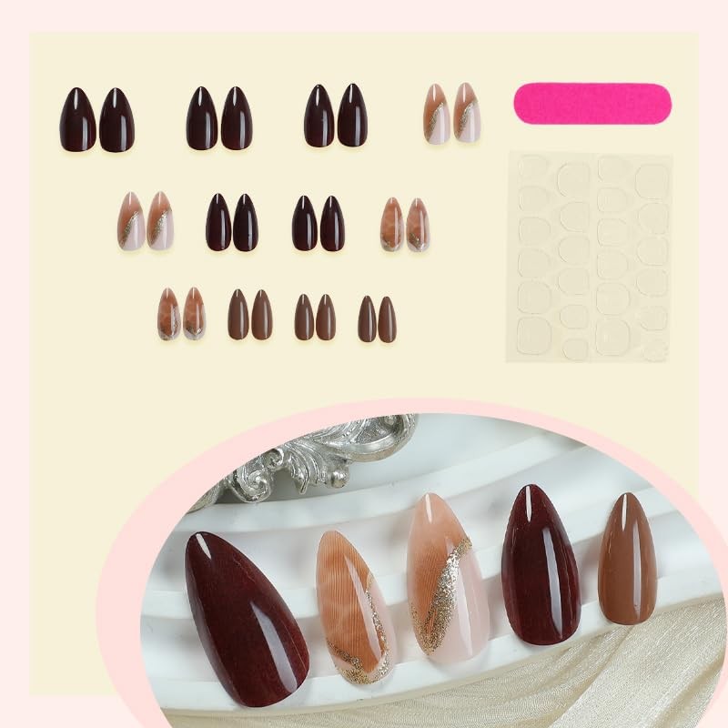 Press On Nails, 24 Pieces, French Tip with Gold Accent Design, Pink and Brown…