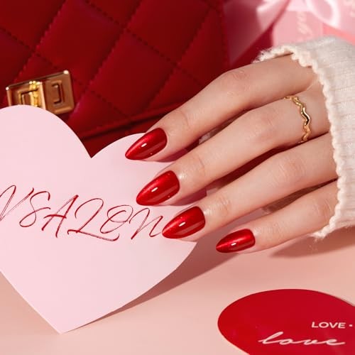 Short Almond Press on Nails – Red Cat Eye Glossy Fake Nails, A2-Pulse red