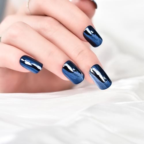 Glossy Metallic Dark Blue Mirror Press On Nails – Soild Color – Short Fake