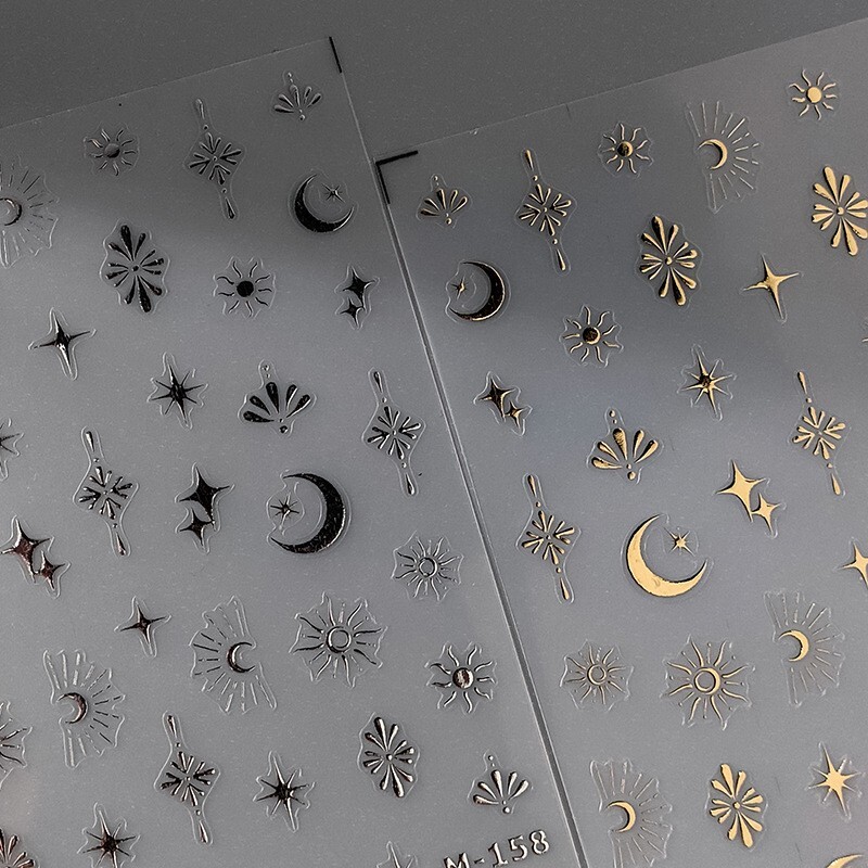 Gold and Silver Moon Nail Stickers, Gold Star Nail Decals (461)