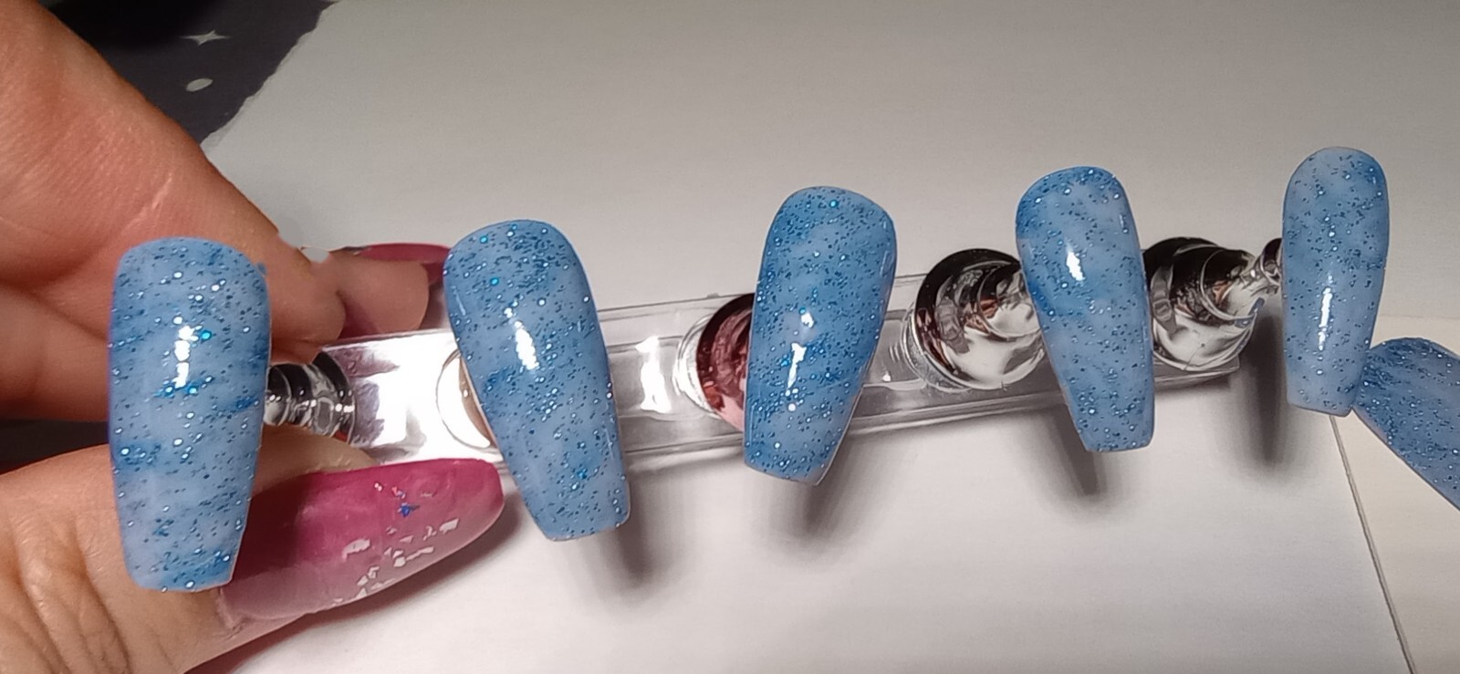 Blue/Grey PressOns, Handmade, Winter, Coffin, Medium, Nails, Gifts, For Her