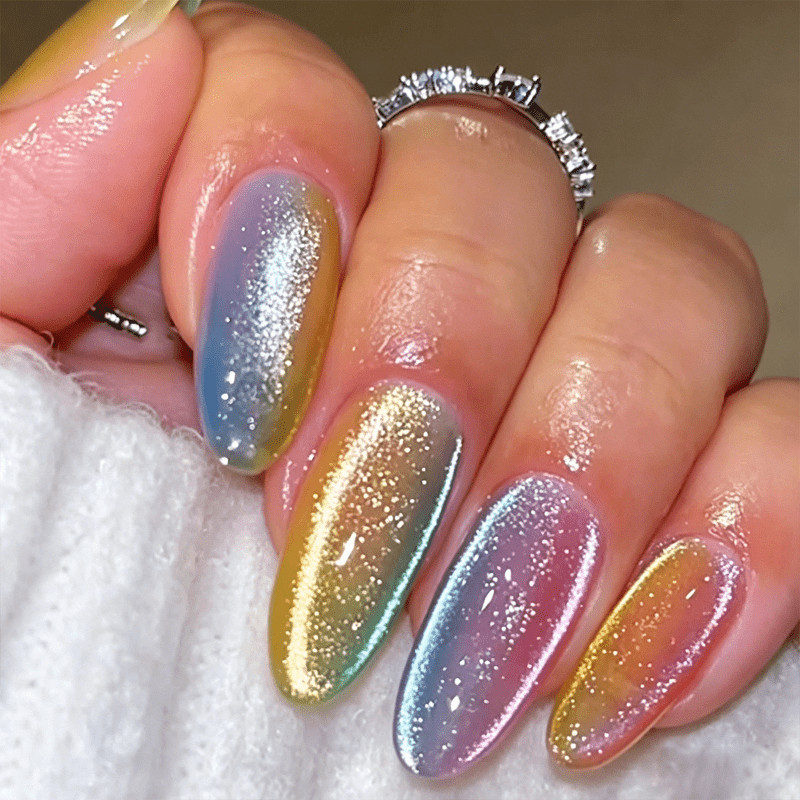 48 Pcs Rainbow Aurora Press on Nails, Medium Almond Glitter Cat Eye Fake Nails