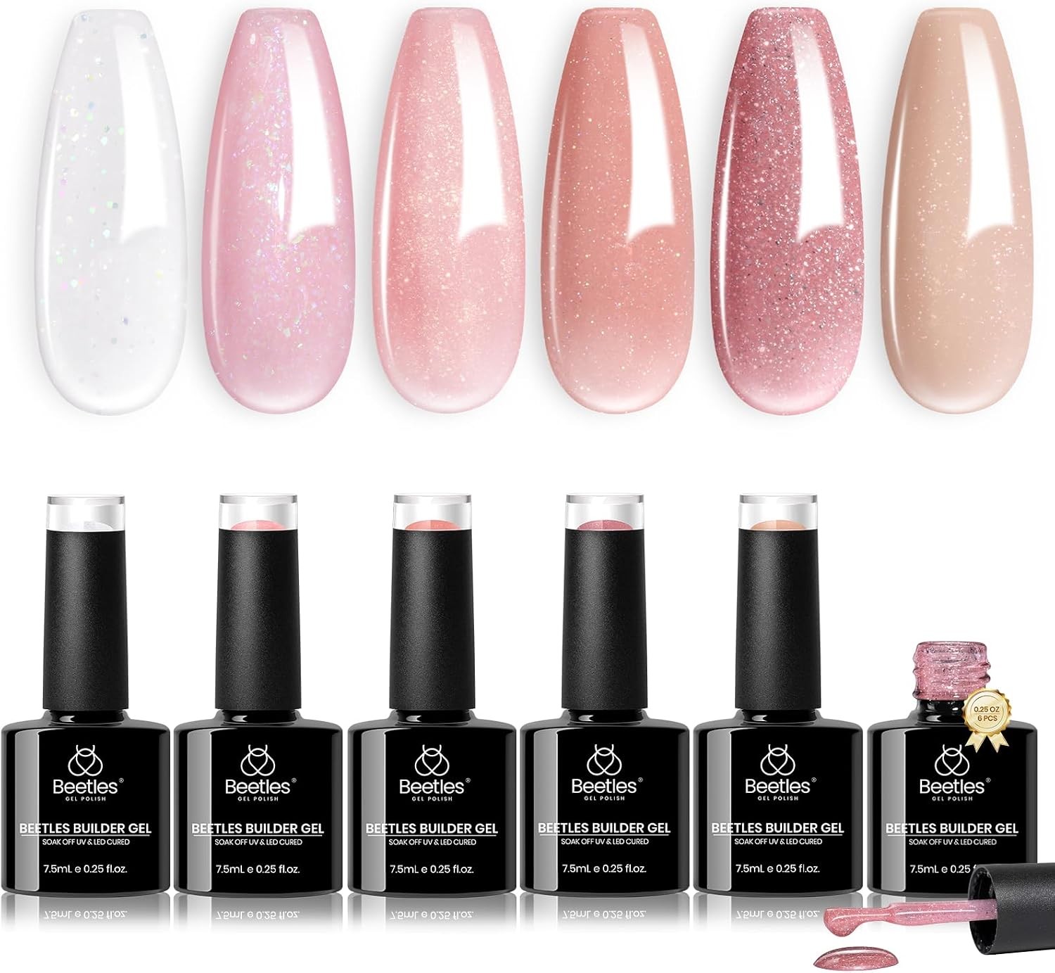 Beetles Builder Gel Set,6 Colors Glitter Shimmer 7 in 1 Nude Pink White Nail Thi